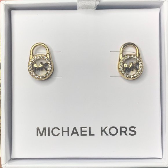 NEW Michael Kors Gold Pave Lock Stud Earrings - Picture 1 of 4